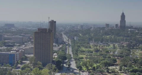 Nairobi, High aerial pull back shot over Uhuru Highway  Stock Footage 147844163