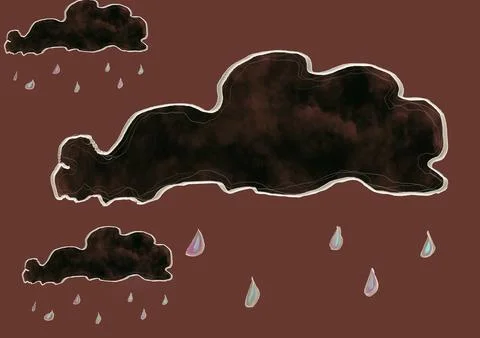 Naive artwork of the sky with dark clouds in rainy weather and water drops Illustrazione stock
