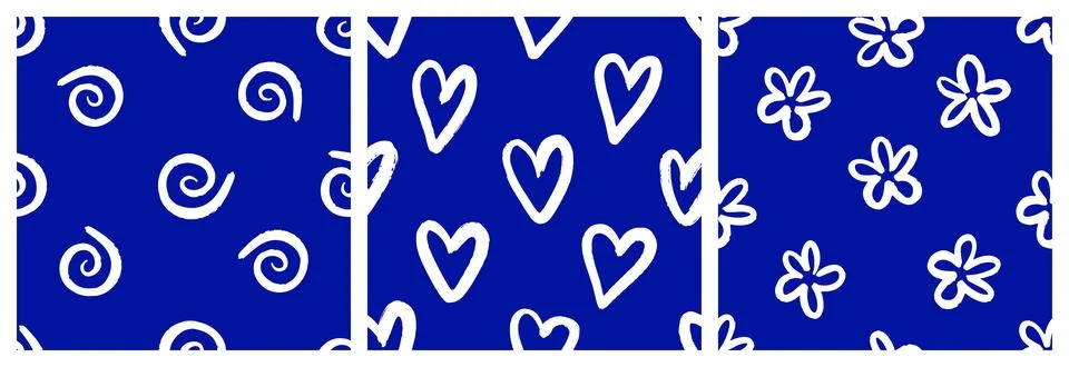 Naive Blue playful seamless pattern set with doodle Hearts, Daisy and Squiggle Illustrazione stock