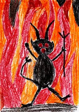 Naive illustration childrens drawing Devil jumps around the fire Germany Europe Stock-Illustration
