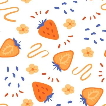 Naive orange strawberry seamless pattern. Hand drawn lines and doodles. Paste Stock Illustration