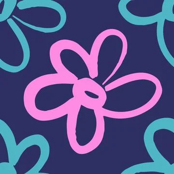 Naive playful seamless pattern with doodle Daisy in Pink and Blue colors. Stock Illustration