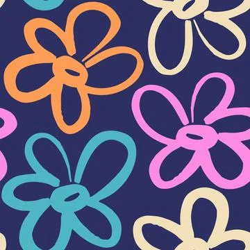 Naive playful seamless pattern with doodle Daisy in Dark Neon colors. Contemp Illustrazione stock