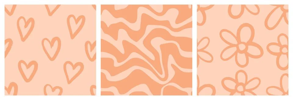 Naive playful seamless pattern set with doodle Hearts, Daisy and Wavy lines. Stock Illustration