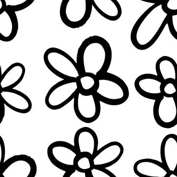 Naive playful seamless pattern set with doodle Daisy in Black and White color Stock Illustration