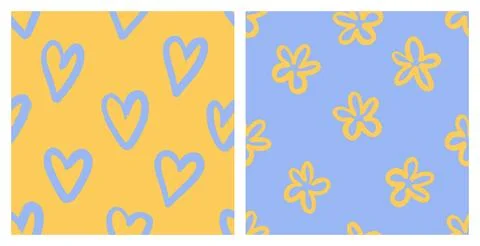 Naive playful seamless pattern set with doodle Hearts and Daisy Stock Illustration