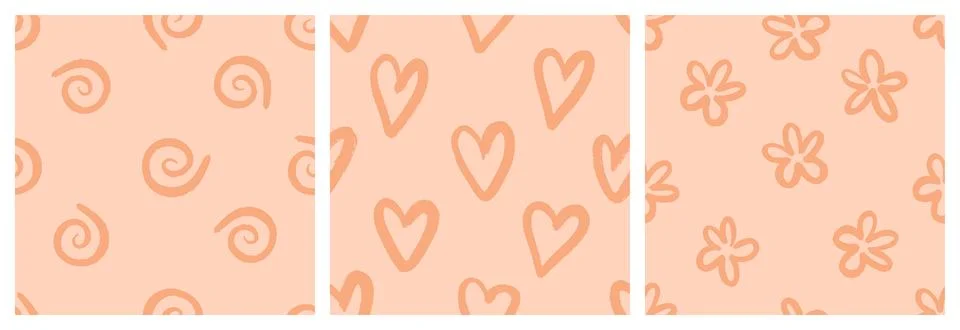 Naive playful seamless pattern set with doodle Hearts, Daisy Stock Illustration