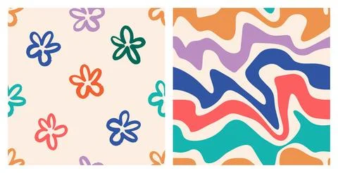 Naive playful seamless pattern set with doodle Daisy and Wavy Swirl. Contempo Stock Illustration