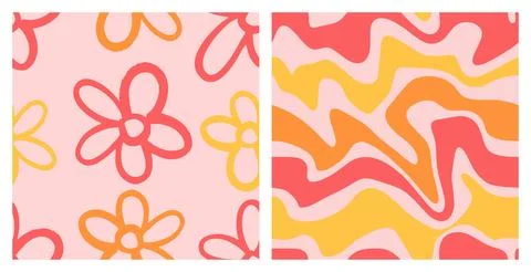 Naive playful seamless pattern set with doodle Daisy and Wavy Swirl. Stock Illustration