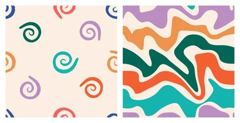 Naive playful seamless pattern set with doodle Helix and Wavy Swirl. Stock Illustration