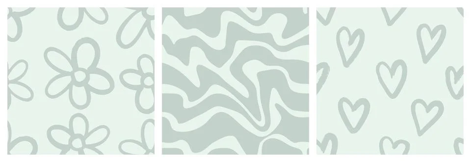 Naive playful seamless pattern set with doodle Hearts, Daisy and Wavy lines. Stock Illustration