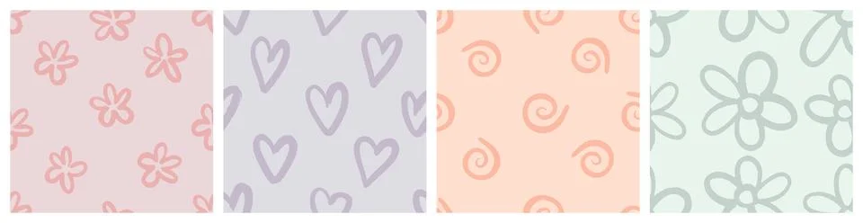 Naive playful seamless pattern set with doodle Hearts, Daisy and Squiggle. Stock Illustration