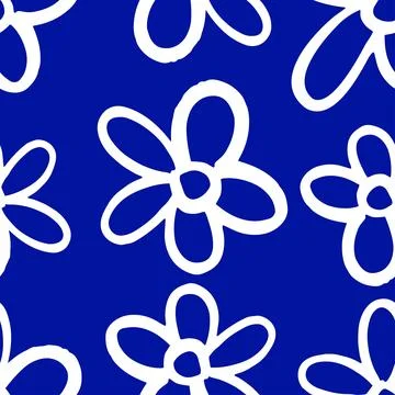 Naive playful seamless pattern set with doodle Daisy in Blue Pen colors. Stock Illustration