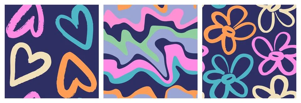 Naive playful seamless pattern set with doodle Hearts Stock Illustration
