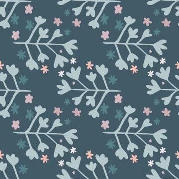 Naive seamless botanic pattern with branches elements. Pastel navy blue backg Stock Illustration