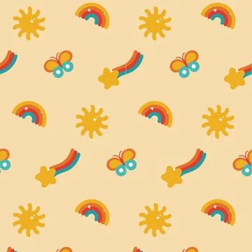 Naive seamless floral boho pattern with sun, rainbow and shooting star. 스톡 일러스트