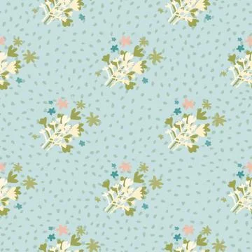 Naive seamless pattern with green and white abstract floral ornament. Blue ba Stock Illustration