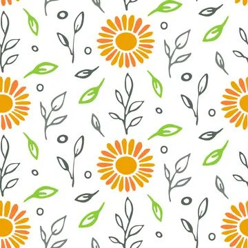 Naive seamless pattern. Hand drawn ink brush stroke leaves, sun flower. White Stock Illustration