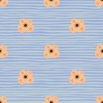 Naive style seamless pattern with orange scandi flowers silhouettes. Blue str Stock Illustration
