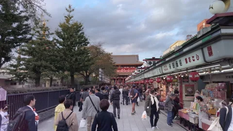 Nakamise shopping street towards main kannon-do hall of Sensoji temple. Stock Footage