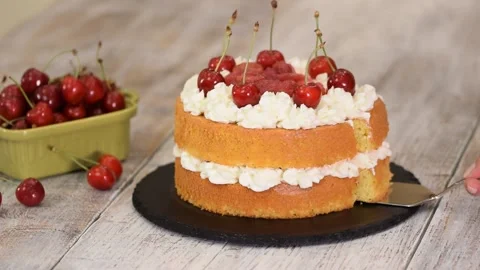 The Naked Cherry Cake With Vanilla Cream. Stock Footage 134318375