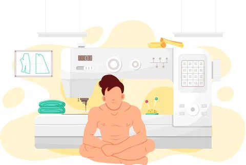 Naked faceless man after bath sits with sewing machine on background. Guy in Stock Illustration