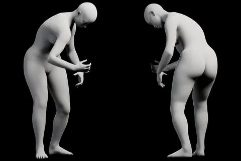 Naked figure model bending forward in studio Stock Illustration