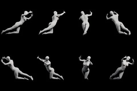 Naked figure model in dynamic poses on black studio background Stock Illustration