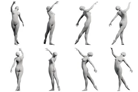Naked figure model in dynamic poses on white studio background Stock Illustration