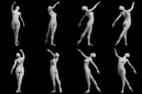 Naked figure model in dynamic poses on black studio background Stock Illustration