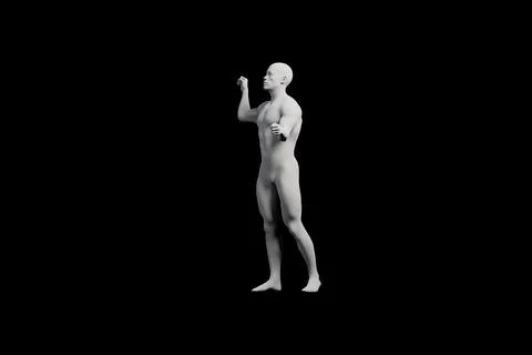 Naked figure model in right back three-quarter view against black Stock Illustration