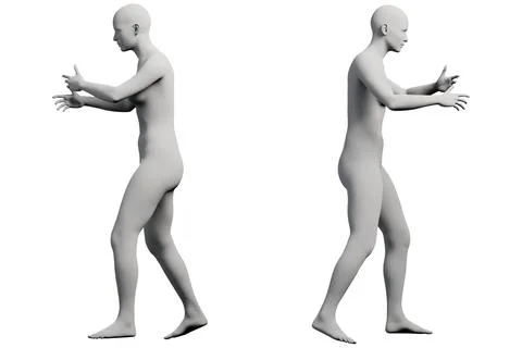 Naked figure model striding confidently in white studio Stock Illustration