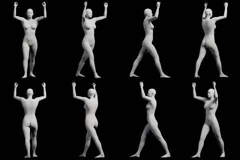 Naked figure model in studio with arms raised Stock Illustration