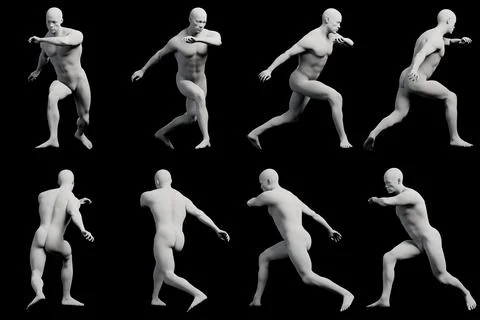 Naked male running multi-view collage against matte black background Stock Illustration