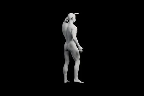 Naked man in left back three-quarter view against black studio Stock Illustration