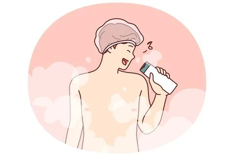 Naked man sings in shower using shampoo instead of microphone and stands i... Stock Photos