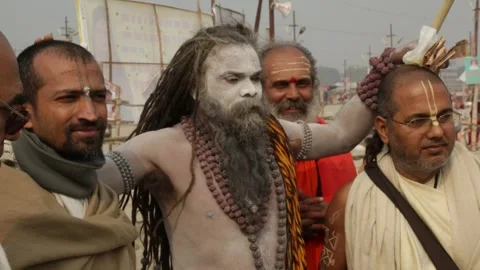 Naked Naga Sadhu Giving Blessings Maha Stock Video Pond