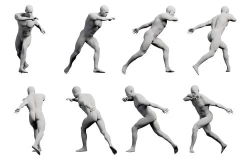Naked running figure model in dynamic poses against matte black Stock Illustration
