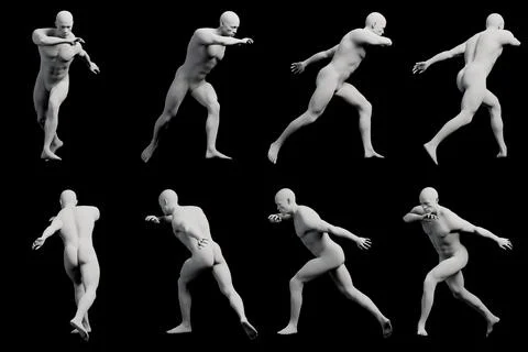Naked running figure model in dynamic poses against matte black Stock-Illustration