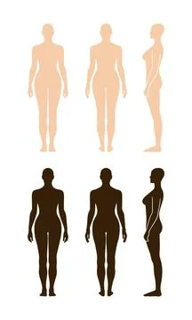 Naked standing woman vector sihouette Full length front, back, side view o... Stock Photos