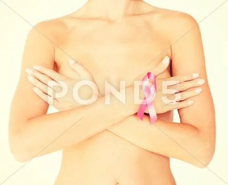 Naked Woman With Breast Cancer Awareness Ribbon Premium Photo