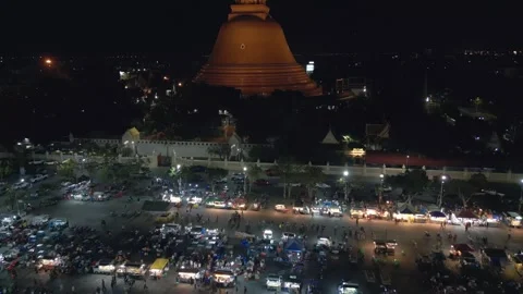 Nakhon Pathom Chedi and Night Market Aerial View in 4k Stock Footage 336487224