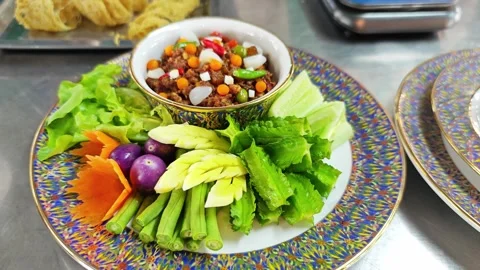 Nam Phrik Ong with vegetables Stock Footage 343208460