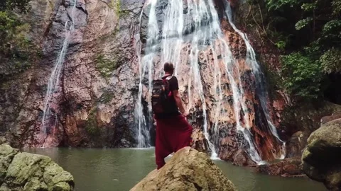 Namaung waterfall landscape on koh samui in Thailand and figure man Stock Footage 143610941