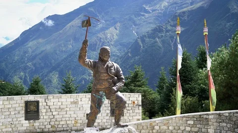 NAMCHE BAZAAR, NEPAL - 12 SEPTEMBER 2017: Sherpa Tenzing Norgay Memorial Stat Stock Footage 85591477