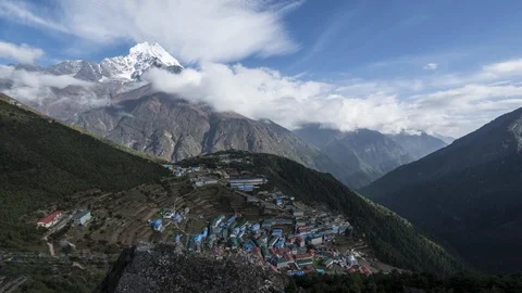 Namche Bazaar with Thamserku peak Stock Footage 121492834