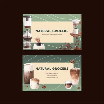 Name card template with coffee concept watercolor illustration Stock Illustration