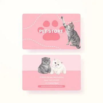 Name card template with cute cat concept watercolor illustration Ilustración de archivo