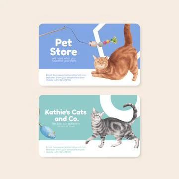 Name card template with cute cat concept watercolor illustration Stock Illustration