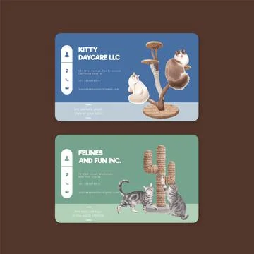 Name card template with cute cat concept watercolor illustration Stock Illustration